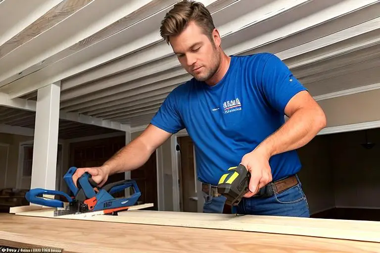 A young man in blue t-shirt Cutting shiplap board | Install Shiplap Over Popcorn Ceiling