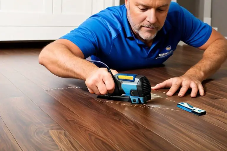 How to Fix Scratches on Laminate Flooring | on Old man in blue t-shirt fixes the scratches on laminate floor